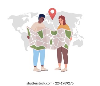 Planning romantic weekend getaway 2D vector isolated illustration. Couple vacation. Route consulting flat characters on world map background. Colorful editable scene for mobile, website, presentation