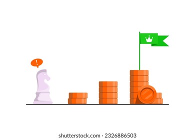 Planning route financial step to the future, Knight chess piece with gold coin stack on isolated background, Digital marketing illustration.
