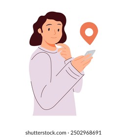 Planning route, travel, trip concept. Tourist with digital map, GPS on phone screen. Online itinerary, direction, find location, order taxi on smartphone. Flat vector illustration isolated on white