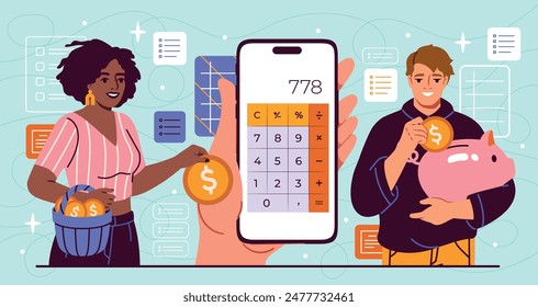 Planificación del concepto de ahorro. Hombre y mujer cerca de smartphone y alcancía. Alfabetización financiera e ingresos pasivos. Presupuesto familiar y gestión del dinero. Ilustración vectorial plana de dibujos animados