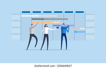 Planificación, concepto de gente de escena. Calendario digital en línea, tareas de trabajo, Programación de trabajo en equipo con calendario. Empresa y organización, gráfico, calendario, lista, ilustración de vector de diseño