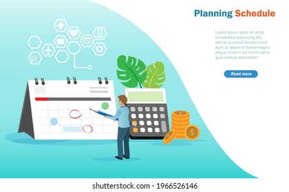 Planning schedule and budget. Man arrange planning and appointment agenda in monthly calendar with calulator and gold coins background.  