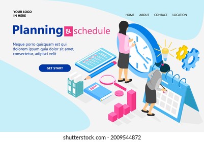 Planning schedule business. Banner concept with characters. Can use for web banner, infographics, hero images, landing page, homepage. Flat isometric vector illustration isolated on Gray background.