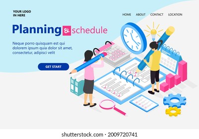 Planning Schedule Business. Banner Concept With Characters. Can Use For Web Banner, Infographics, Hero Images, Landing Page, Homepage. Flat Isometric Vector Illustration Isolated On Blue Background.