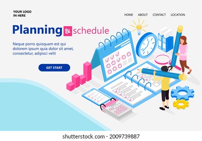 Planning Schedule Business. Banner Concept With Characters. Can Use For Web Banner, Infographics, Hero Images, Landing Page, Homepage. Flat Isometric Vector Illustration Isolated On Gray Background.