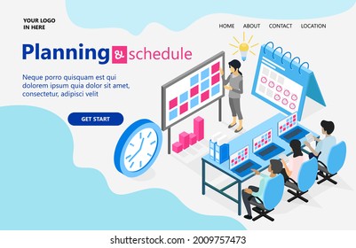 Planning schedule business. Banner concept with characters. Can use for web banner, infographics, hero images, landing page, homepage. Flat isometric vector illustration isolated on gray background.