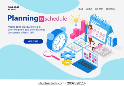 Planning schedule business. Banner concept with characters. Can use for web banner, infographics, hero images, landing page, homepage. Flat isometric vector illustration isolated on gray background.