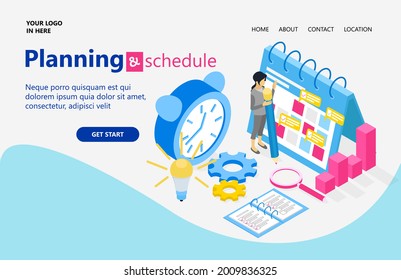 Planning schedule business. Banner concept with characters. Can use for web banner, infographics, hero images, landing page, homepage. Flat isometric vector illustration isolated on gray background.