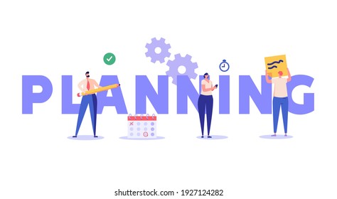 Planning schedule, business event and calendar concept. People with schedule, pen and notes organize meeting. Planning strategy and time management. Vector illustration in flat cartoon design