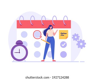 Planning schedule, business event and calendar concept. People with schedule, pen and notes organize meeting. Planning strategy and time management. Vector illustration in flat cartoon design