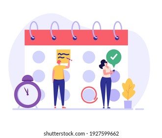Planning schedule, business event and calendar concept. People with schedule, pen and notes organize meeting. Planning strategy and time management. Vector illustration in flat cartoon design