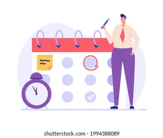 Planning schedule, business event and calendar concept. People with schedule, pen and notes organize meeting. Planning strategy and time management. Vector illustration in flat cartoon design