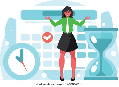 Planning schedule, business event and calendar. Businesswoman throws up her hands. Planning strategy and time management. Deadline concept. Vector graphics