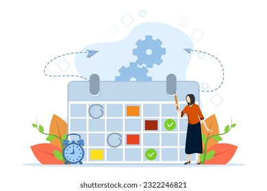 Planning schedule, business event and calendar concept. Planning strategy and time management. People with schedules, pens and notes setting up meetings. Vector illustration in flat cartoon design.