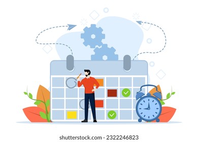 Planning schedule, business event and calendar concept. Planning strategy and time management. People with schedules, pens and notes setting up meetings. Vector illustration in flat cartoon design.