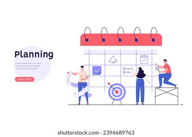 Planning schedule, business event and calendar concept. People with schedule, pen and notes organize meeting. Planning strategy and time management. Vector illustration in flat cartoon design