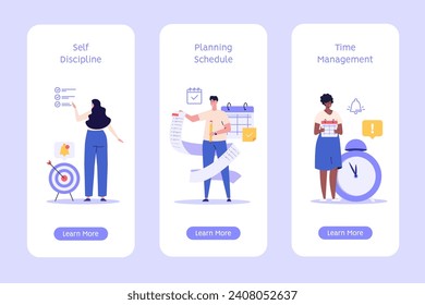 Planning schedule, business event and calendar concept. People with schedule organize meeting. Planning strategy and time management. Vector flat illustration for mobile app, onboarding screen