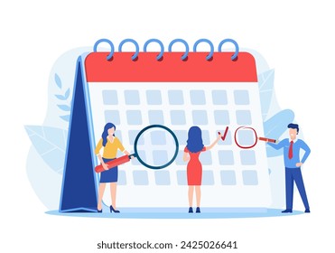 Planning schedule, business event and calendar concept. People with schedule, pen and notes organize meeting. Planning strategy and time management. Vector illustration in flat style