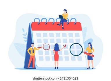 Planning schedule, business event and calendar concept. People with schedule, pen and notes organize meeting. Planning strategy and time management. Vector illustration in flat style