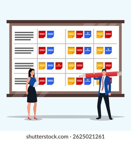 Planning schedule, business event and calendar with sticker of to do list. Business people planning to creating monthly plan with a man holding big pencil and a woman analyzing task list project.