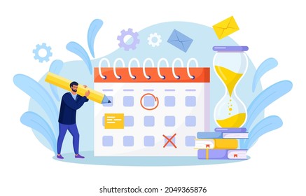 Planning schedule. Businessman checking events Date on Huge Calendar. Effective Time Management. Employee organizing Life Events Notification, Memo Reminder, Work Plans. Man scheduling appointments