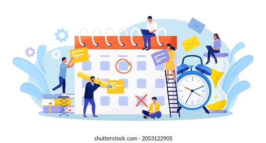 Calendario de planificación. Empresario revisando eventos Fecha en un calendario enorme. Administración de tiempo efectiva. Personas organizando notificaciones de eventos de vida, recordatorio de memo, planes de trabajo. Asignaciones de programación de personal