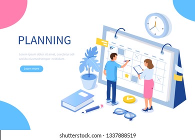 Planning schedule and calendar concept. Can use for web banner, infographics, hero images. Flat isometric vector illustration isolated on white background.