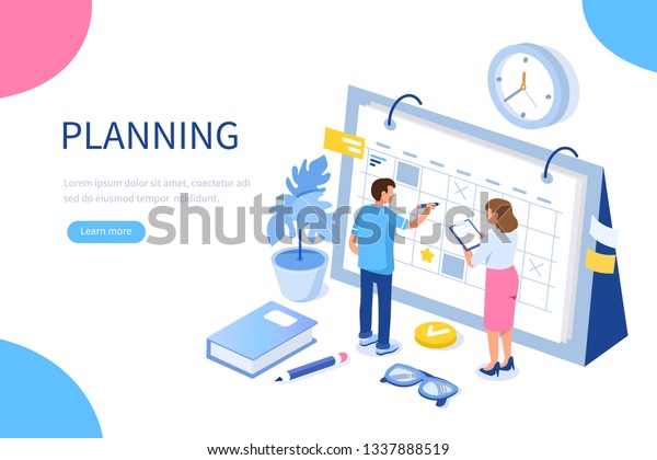 Planning schedule and\
calendar concept. Can use for web banner, infographics, hero\
images. Flat isometric vector illustration isolated on white\
background.