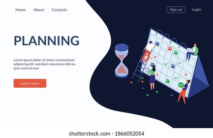 Planning schedule and calendar with coworkers for infograpihcs, web banner,hero images, landing page concept. Vector flat isometric illustration.
