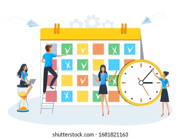 Planning schedule, calendar or planner concept. Teamwork and effective time management. Team of business people filling the schedule in the timetable. Can use for web banner, presentation, mobile app