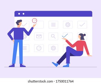 Planning schedule, calendar or planner concept. Teamwork and effective time management. Team of business people filling the schedule in the timetable.