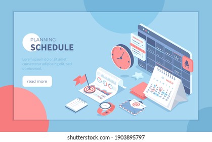 Calendario y planificación. Administración de tiempo, aplicación de organización de planificación de trabajo. Recordatorios de reunión, evento. Isometric vectorial ilustración para presentación, banner, sitio web.