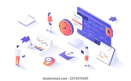 Planning schedule and calendar. Time management, work planning organization application. Reminders of meeting, event. Isometry illustration with people scene for web graphic.	