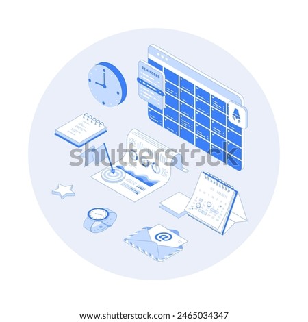 Planning schedule and calendar. Time management, work planning organization application. Reminders of meeting, event. Vector outline illustration with isometry scene for web graphic	
