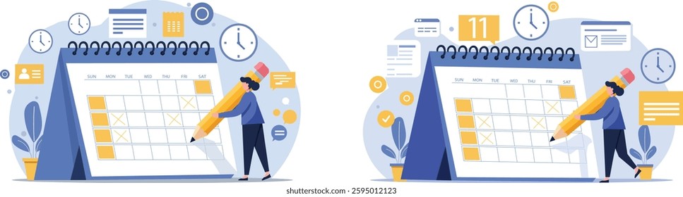 Planning Schedule Calendar Vector. Flat design person marks date. Time management, events, organization