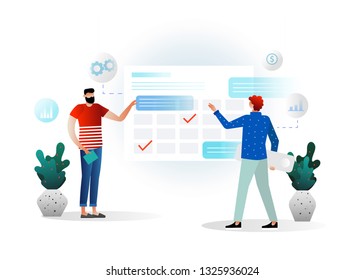 Planning schedule concept banner with characters. Can use for web banner, infographics, hero images. Flat isometric vector illustration isolated on white background.