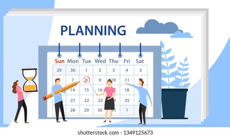 Planning schedule concept banner with characters. Planning and work process organization. Team working together planning their agenda on a big calendar.