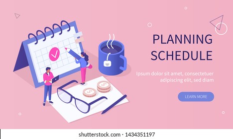 Planning schedule concept banner with characters. Can use for web banner, infographics, hero images. Flat isometric vector illustration isolated on white background.
