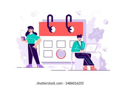 Planning schedule concept banner with characters. Effective time management, save time, teamwork, planning training activities, organization, working time. vector illustration for web page, documents.