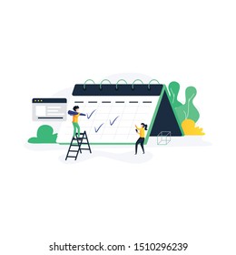 Planning schedule concept banner with characters. Can use for web banner, infographics, hero images. Flat vector illustration isolated on white background