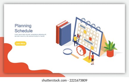 Pancarta de concepto de planificación con caracteres. Puede usarse para banner web, infografías. Ilustración vectorial isométrica plana aislada sobre fondo blanco.