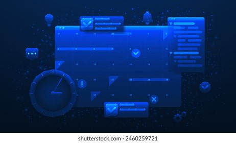Anuncio de concepto de programación de planificación. Ilustración vectorial poligonal con calendario, fechas y citas programadas, reloj, lista de tareas, recordatorios y mensajes. Concepto de gestión del tiempo.