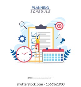 Planning schedule concept with characters. analysis for success vector illustration.  calendar schedule, goal, calculator, megaphone, and clock symbols. used for banner, poster, website or flyer