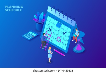 Planning schedule concept with characters. Isometric vector illustration on a dark blue backgound. Landing page template for web.