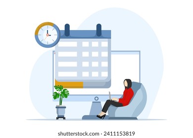 Concepto de programación de planificación. los caracteres realizan tareas de planificación de trabajo, de organización y de negocio, rellenan listas de comprobación y realizan programas con un calendario. Ilustración vectorial plana de fondo blanco.