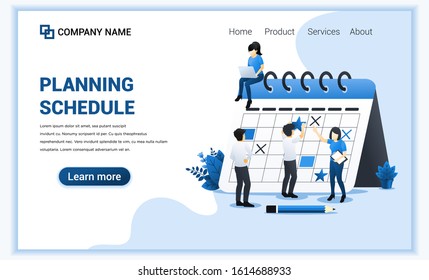 Planning Schedule concept, A Man standing filling out the schedule on giant calendar, work planning, work in progress. Can use for web banner, landing page, infographics. Flat vector ilustration