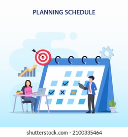 Planning Schedule concept, People filling out the schedule on a giant calendar, work planning, work in progress. Flat vector template style Suitable for Web Landing Pages.