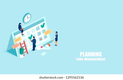 Planning schedule concept. Vector web banner of businesspeople busy with time management and planning. Isometric illustration isolated onlight blue background