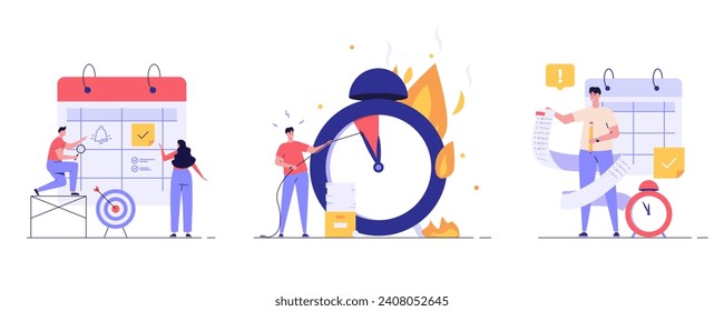 Calendario de planificación, evento de fecha límite y juego de calendarios. Las personas con horarios de estrés organizan reuniones. Estrategia de planificación y gestión del tiempo. Ilustración vectorial en diseño de dibujos animados planos para interfaz de usuario de banner web