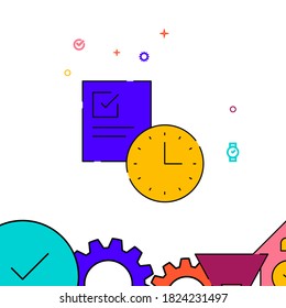 Planning, schedule filled line vector icon, simple illustration, clock, time related bottom border.